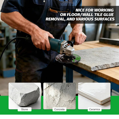 Man using handheld angle grinder on concrete slab, equipped with Dust Shroud For Angle Grinder 4.5 To 5 Inch With 360 Degree Detachable Connector Universal Fit Includes 2 Pack 5 Inch Diamond Cup Wheels Keeps Dust Down On Concrete Cement Marble Granite Surfaces.