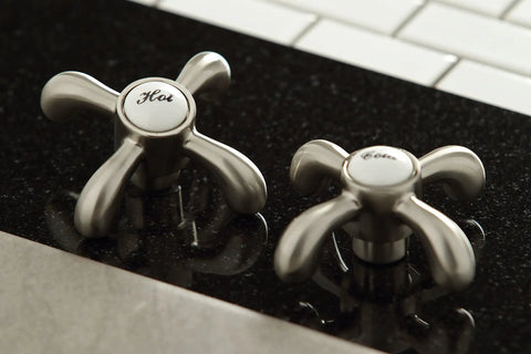 Hot and Cold handles of French Country Widespread Lavatory Faucet With Pop Up Drain in Brushed Nickel, elegant classic style.