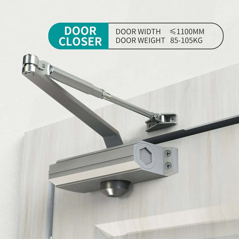 Heavy Duty Automatic Door Closer With Spring Hydraulic Action, Aluminum Alloy Body, Surface Mounted, Fire Resistant And ANSI UL Certified, Residential And Commercial Grade, Adjustable Speed, Silver Finish