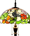 Stained Glass Tiffany Floor Lamp With Butterfly Flowers Shade Tall 70 Inch Standing Reading Light Bronze Base 16 Inch Shade UL Listed