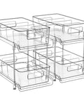 Clear Two Tier Under Sink Sliding Organizer With Adjustable Dividers Heavy Duty Waterproof Cabinet Rack For Bathroom Pantry displaying four clear bins stacked.