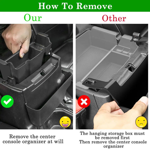 Comparison of removing methods for Center Console Organizer For Jeep Wrangler JL JLU 2024 2025 2026 And Gladiator JT 4 Piece Kit