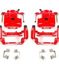 Red Powder Coated Front Brake Caliper Pair Beefed Up For Chevy Cobalt 2005 To 2008 HHR 2008 To 2010 Pontiac G5 2007 To 2010 Saturn Ion 2004 To 2007 High Temp Caliper Upgrade And Easy Clean Durability, displayed with mounting brackets and hardware.