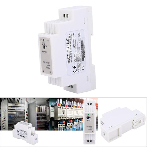 Single Output DR-15-12 DIN Rail Switching Power Supply For Industrial Control Equipment Rock Solid, Compact DIN Rail Mount PWM Modulation Low Ripple Flame Retardant Housing Heat Resistant Long Life Perfect For Control Cabinets. White DIN rail power supply with screw terminals, front view
