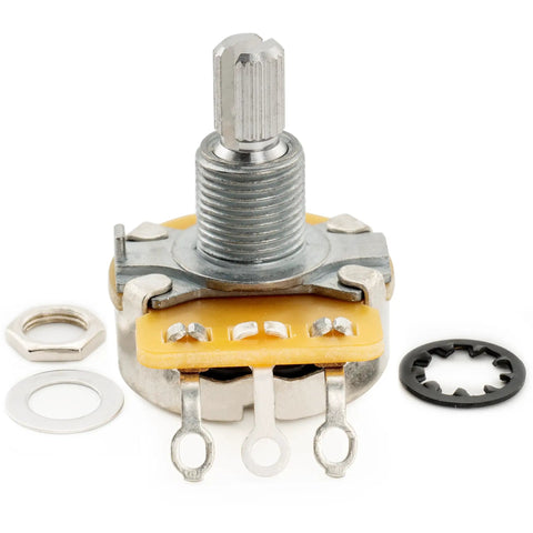 Split Shaft 3/8 Inch 500K Linear Taper Potentiometer for electric guitars, shown with washers and nut, close-up view