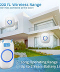 Long Range Wireless Doorbell Kit With 52 Chimes And 1000 Foot Range, Waterproof Doorbell System With LED, shown on a house wall
