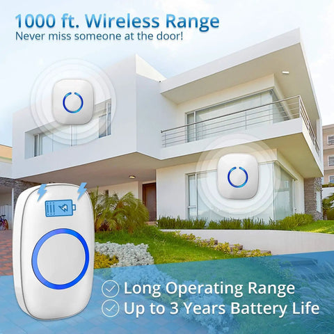 Long Range Wireless Doorbell Kit With 52 Chimes And 1000 Foot Range, Waterproof Doorbell System With LED, shown on a house wall