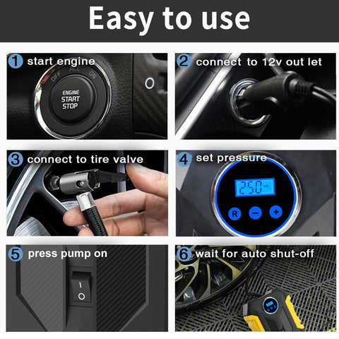 Step-by-step guide for Portable Car Tire Inflator With LED Light No Fuss Auto Shut Off Digital Air Compressor For 12V DC