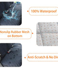 Waterproof dog car seat cover with side flap for cars, trucks, SUVs backseat protector showing waterproof and nonslip features.