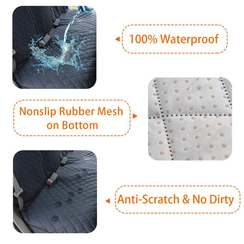 Waterproof dog car seat cover with side flap for cars, trucks, SUVs backseat protector showing waterproof and nonslip features.