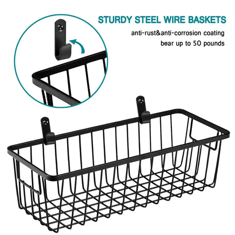 Farmhouse Metal Wire Bathroom Storage Organizer Baskets Two Pack Space Saving Declutter for cabinets and shelves, black