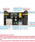 Six Pack Breadboard Power Supply Module 3.3V/5V for Arduino Projects, detailed view of module with labeled output pins and ports.