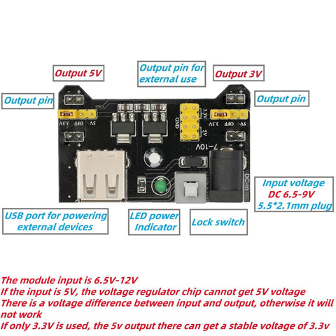 Six Pack Breadboard Power Supply Module 3.3V/5V for Arduino Projects, detailed view of module with labeled output pins and ports.