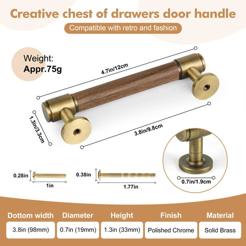 Set Of Five Sleek Solid Brass And Walnut Wood Cabinet Pulls 4.7 Inch Dresser Drawer Handles With 3.75 Inch Center To Center Spacing