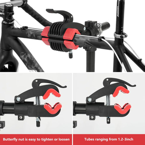 Wall Mount Bike Repair Stand With Height Adjustable Workstand 360 Degree Rotating Clamp To Hold Bikes At Any Angle Soft ABS Frame Protection Stable Four Screw Mount No Frills Setup For Your Home Garage Or Shop clamp close-up on bicycle frame