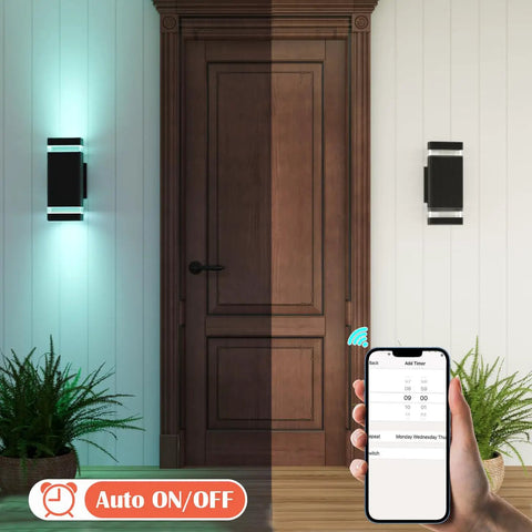 Up Down Outdoor Wall Light Sconce With Remote Control RGB Color Changing LED Black Exterior Porch Lighting beside door