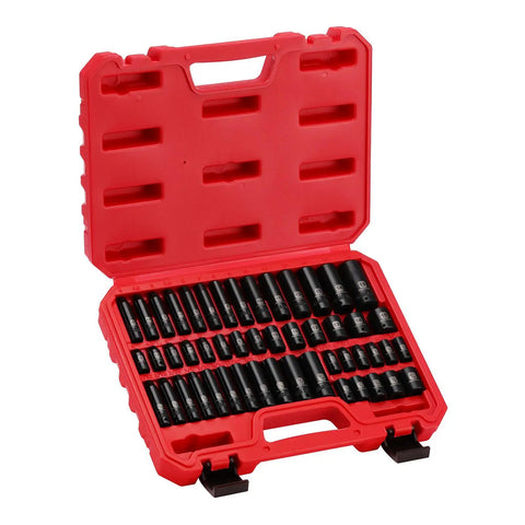 Red case with Impact Socket Set 1/4 Inch Drive, 50-Piece CR-V Steel, 6 Point SAE and Metric, Deep and Shallow Sockets displayed inside.