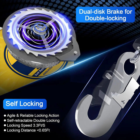 Self Retracting Lifeline Fall Arrestor 23 Foot Double Locking Cable showing dual-disk brake and self-locking hook mechanism.