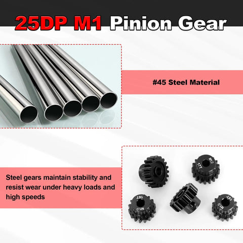 Beefed Up High Speed Pinion Gear Set with 25DP M1, 5mm bore, #45 steel for RC cars, buggies, SCT, stadium trucks, and monster trucks.