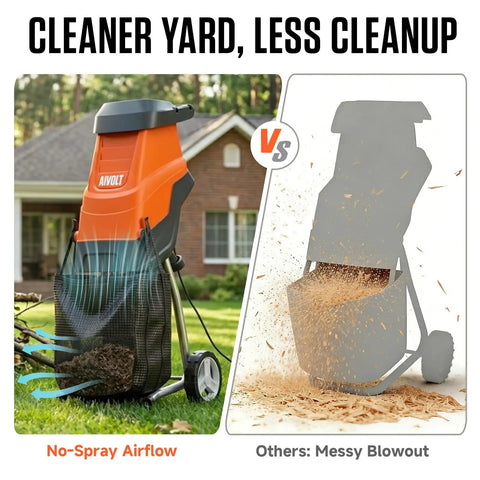 Electric Wood Chipper Shredder With 15 Amp Beast Power next to messy blowout chipper, highlighting no-spray airflow and clean yard