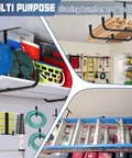Two Pack Overhead Garage Storage Rack With Six J Hooks, Heavy Duty Ceiling Storage System Holds 66 Lbs Per Rack And 45 Lbs Per Hook For Lumber, Ladder, Bike And More, Space Saver Organizer