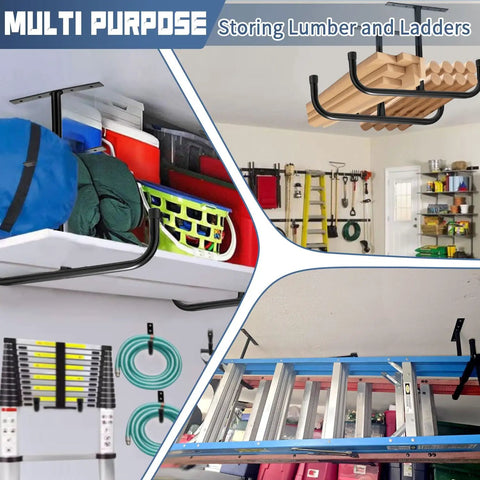 Two Pack Overhead Garage Storage Rack With Six J Hooks, Heavy Duty Ceiling Storage System Holds 66 Lbs Per Rack And 45 Lbs Per Hook For Lumber, Ladder, Bike And More, Space Saver Organizer