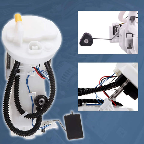 Fuel Pump Assembly For 2001 2002 2003 2004 2005 Honda Civic With 1.3L 1.7L And 2.0L Engines Includes Sending Unit Float Reservoir Fuel Strainer Upgraded Wiring Harness And Tank Seal shown in front view with components.