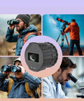 Collage showing Plug And Play Digital Eyepiece Camera with 2K Video Recording, used for telescopes and microscopes in various settings.