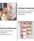 Four Tier Hanging Closet Storage Bag With Thick Oxford Fabric, gray and pink, organizing clothes in a hanging door organizer.