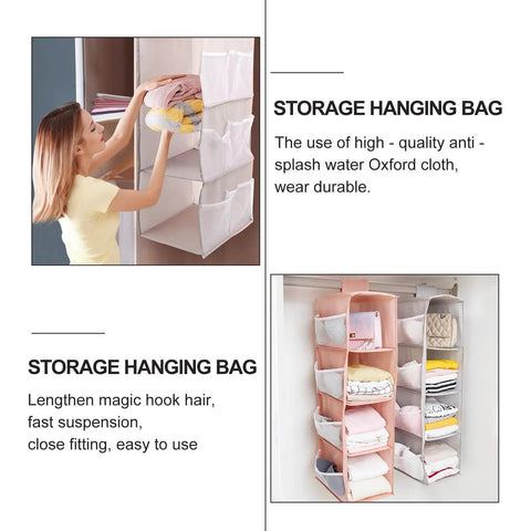 Four Tier Hanging Closet Storage Bag With Thick Oxford Fabric, gray and pink, organizing clothes in a hanging door organizer.