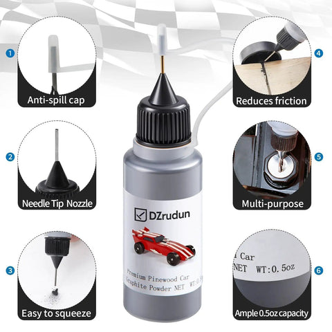 Pinewood Derby Weight Kit With 3 Oz Flexible Stick On Weights And 0.5 Oz Graphite Lubricant, features needle tip nozzle and anti-spill cap