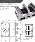 Rock Solid Self Centering Workbench Vice With Parallel Jaws Dead Nuts Accurate Pipe Clamp For Cnc Milling Setup And Five Axis Rotary Table showing dimensions and specifications.