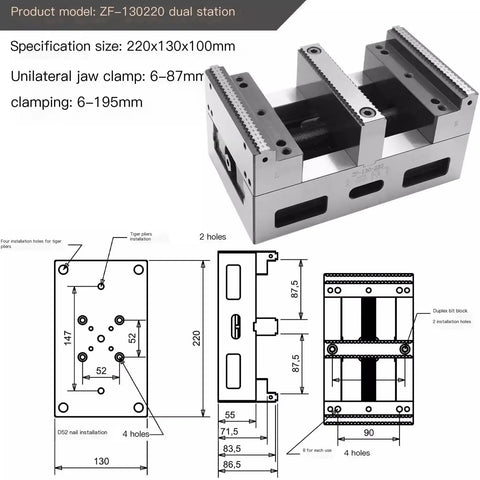 Rock Solid Self Centering Workbench Vice With Parallel Jaws Dead Nuts Accurate Pipe Clamp For Cnc Milling Setup And Five Axis Rotary Table showing dimensions and specifications.