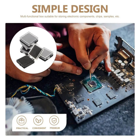 Anti Static Chip Case With Transparent Lid And Black Base Compact Electronics Parts Organizer Box For Safe Storage And Static Shielding Of Small Components 1.57 X 1.38 X 0.59 Inches used near a circuit board.