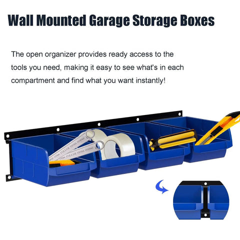 Wall Mounted Garage Storage Rack With Eight Bins And Two Rails Hardware Organizer For Tools Screws And Small Parts In Blue