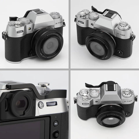 Ergonomic Black Metal Thumb Up Rest Grip For Fujifilm Xt30 Xt20 Xt10 Xt50 Xt30iii Cameras Attaches To Hot Shoe Delivering Awesome Stability For Comfy One Handed Shooting And Vibration Dampening shown on X-T50 camera from side view.