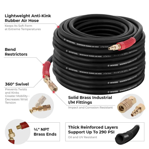 Coiled 100 Ft Heavy Duty Rubber Air Hose 1 Quarter Inch Diameter With Reinforced Lining, Kink Resistant, Industrial Brass Fittings