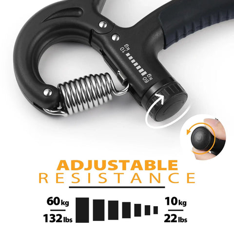 Grip Strength Trainer Kit With Adjustable Hand Gripper 22 To 132 Lbs showing resistance adjustment mechanism, Carbon Black