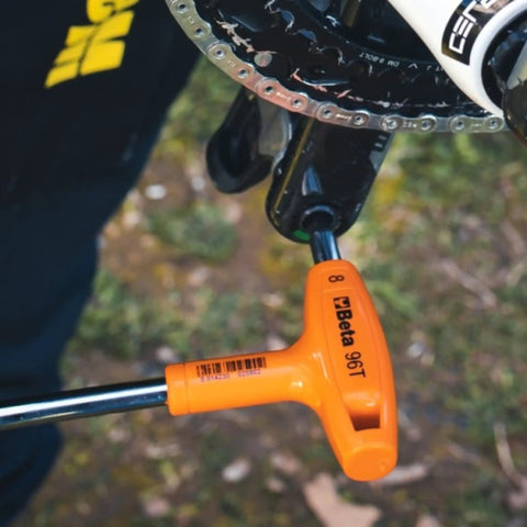 Set Of 5 Metric 2.5mm To 6mm T Handle Hex Keys Allen Wrenches for Tight Spaces and High Torque shown in use on a bike