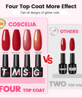 Comparison of four vs. two top coats showing red gel nail polish colors and effects in Gel Nail Polish Kit With UV Light And Drill, 53-Piece Set