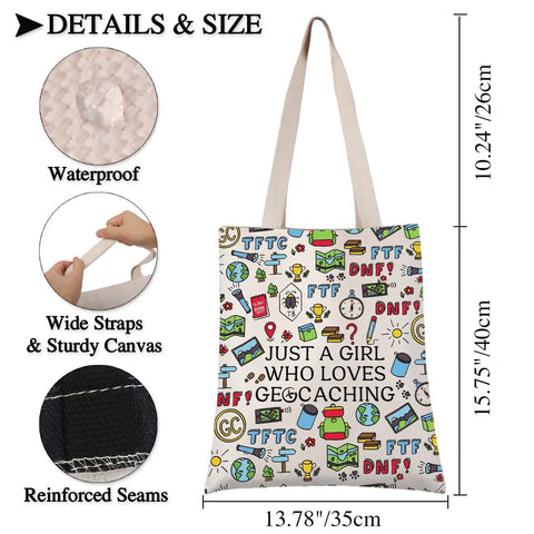 Geocache Tote Bag For Cachers And Outdoor Lovers Great Gift For Geocachers Who Live For The Hunt Durable Canvas with icons.
