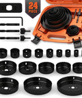HORUSDY 24-piece hole saw kit, front view in orange case with black metal hole saws, mandrels, drill bits, and hex key