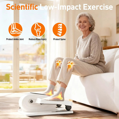 Senior using Under Desk Elliptical Pedal Exerciser for Home Office, low-impact exercise on sofa with joint protection graphics