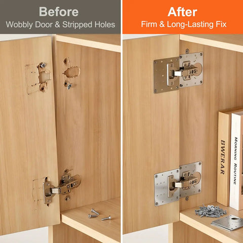 20 Piece Cabinet Hinge Repair Plate Kit Stainless Steel Door Hinge Mounting Plate Large Fix Board With Screws installed on wooden cabinet showing before and after repair.