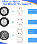 Diagram showing Heavy Duty Spare Tire Mount Bracket for Trailers and Carriers, 300 lb capacity, compatible bolt patterns guide.