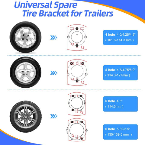 Diagram showing Heavy Duty Spare Tire Mount Bracket for Trailers and Carriers, 300 lb capacity, compatible bolt patterns guide.