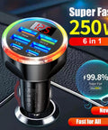 Hassle Free 6 In 1 Usb C Car Phone Charger With Real Time Volt Meter, 250W Multiport Cigarette Lighter Plug on car dashboard