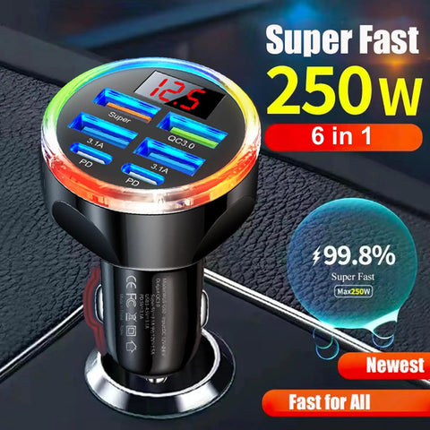 Hassle Free 6 In 1 Usb C Car Phone Charger With Real Time Volt Meter, 250W Multiport Cigarette Lighter Plug on car dashboard