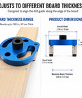 Right On Track Self Centering Dowel Jig Kit With Multiple Size Drill Bushings For Flawless Wood Joinery and Precise Hole Placement Easy bench tool adjusting for board thickness up to 1.85 inches.