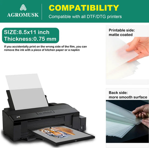 Matte DTF Transfer Film for Sublimation and DTG Printing, 8.3 x 11.7 Inch, 50 Sheets in use with DTF printer, easy peel paper